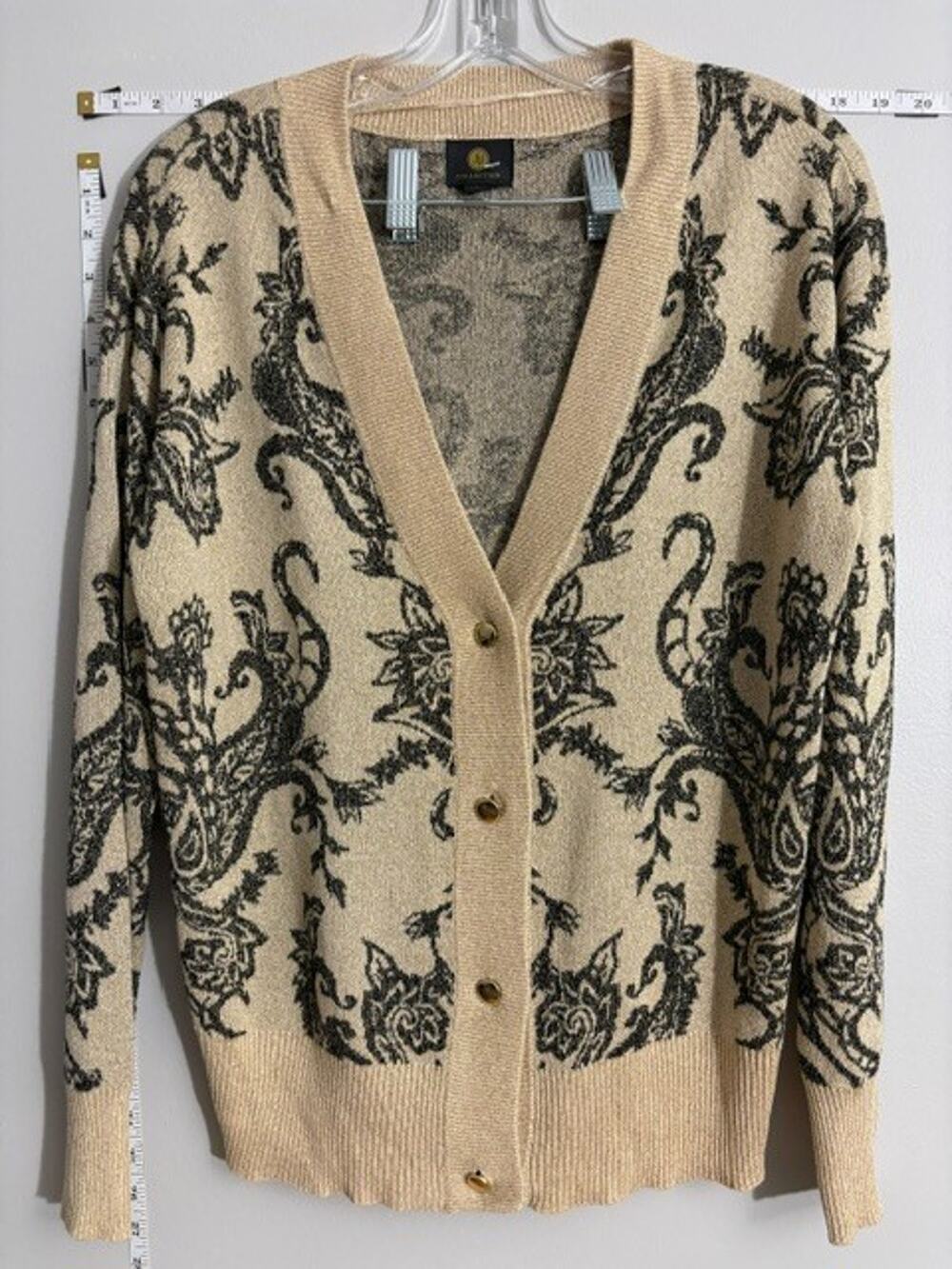 JM Collection Womens L Paisley Cardigan Sweater Metallic Gold Black Button Front